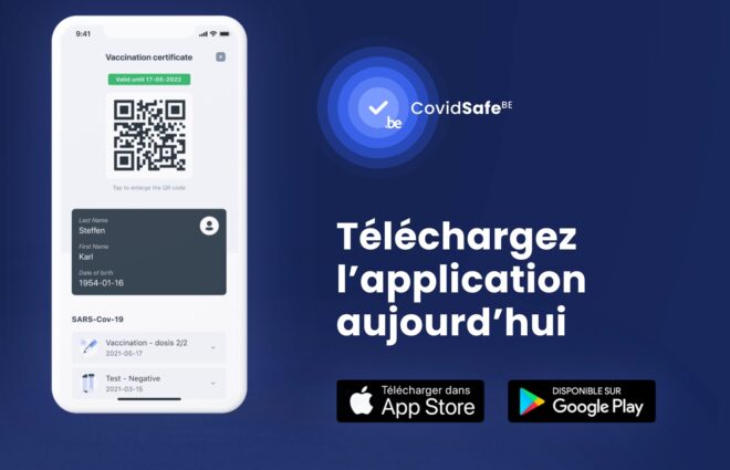 Capture d'écran de l'application CovidSafe Belgique 