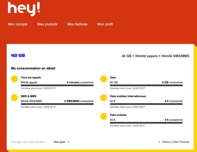 Espace client de Hey par Orange pour un client à 40GB par mois
