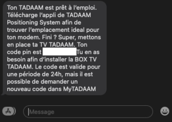 Capture d'écran du SMS d'activation de Tadaam Internet et TV (mars 2022)