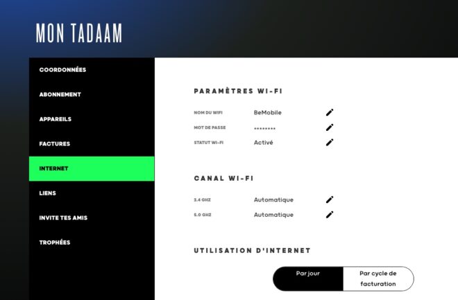 interface pour configurer le modem Tadaam