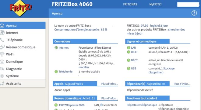 l'interface web Fritz.box sur la fritzbox 4060