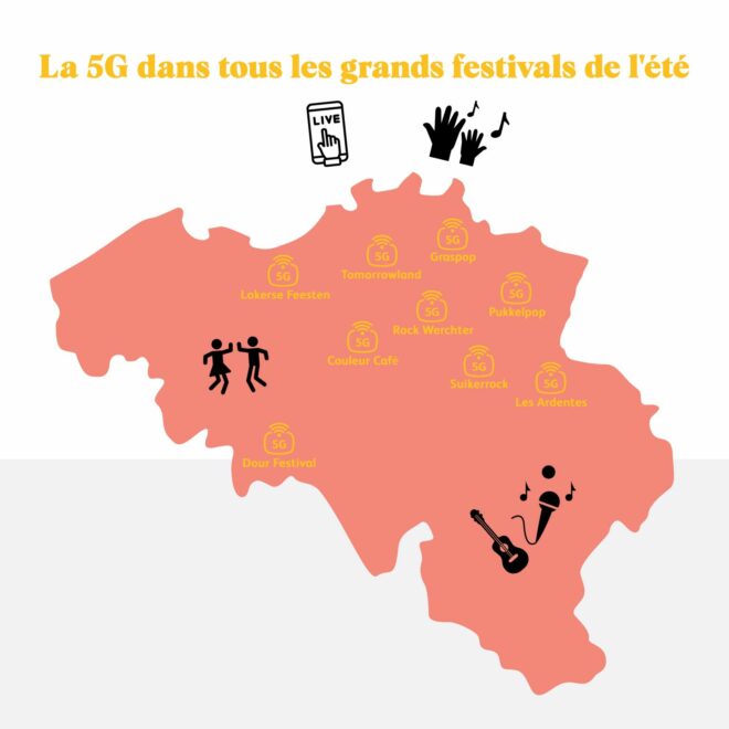 Carte de Belgique avec la 5G Telenet dans les festivals de l'été
