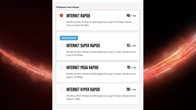 Offres fibre Mobile Vikings avec débits de 150 Mbps à 5 Gbps et prix mensuels